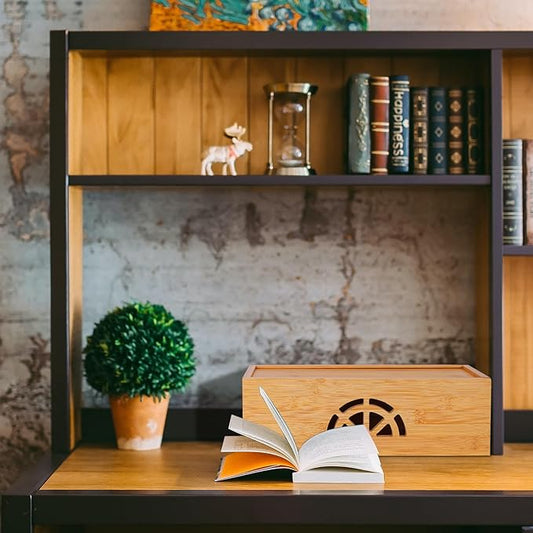 Cable Management Box Set of 2 by HTB, Large & Small Bamboo Cord Organizer Box to Hide Wires & Power Strips | Desk Computer Cable Management Box | Cable Storage | Cord Box Hider for Home & Office-NeatNest