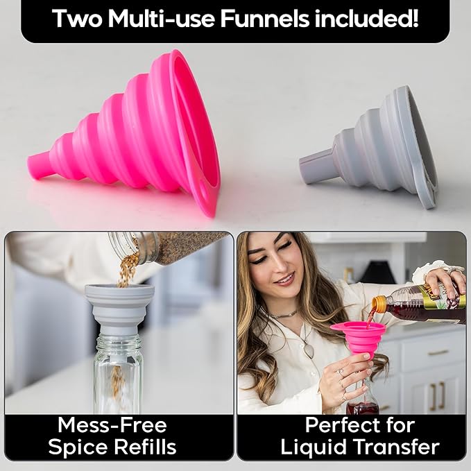 Expandable 3 Tiered Spice Rack Organizer for Cabinet and Kitchen Pantry Shelf - Set of 2 Non-Slip Shelves for Spices, Seasoning, Canned Food, Medicine - Includes Silicone Funnels for Easy Refilling-NeatNest