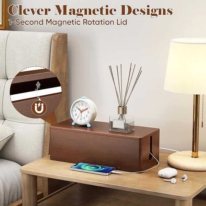 Delamu Cable Management Wooden Box with Magnetic Lid, Duty Cord Organizer Power Strip Hider Cover with Ventilation for Desk, Floor, Home Office, Baby-Pets Safe Storage Solution