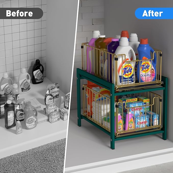 2 Tier Sliding Basket Drawer Organizer, Lxmons Pull Out Under Sink Cabinets Organizers, Metal Home Shelf for Bathroom or Kitchen, Sliding Countertop or Pantry Storage Shelf, Large Gold Green-NeatNest