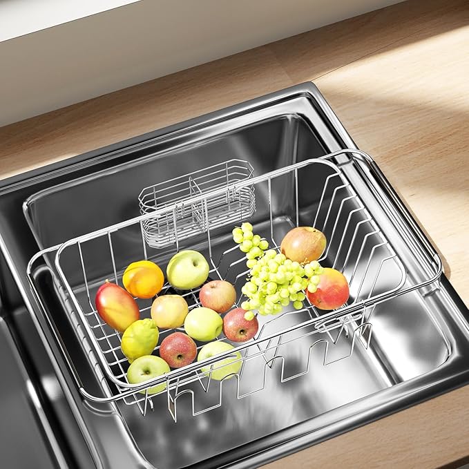 Small Dish Drying Rack in Sink, Extendable Stainless Steel Dish Drainers for Kitchen Counter, Anti-Rust Dish Dryer Rack with Utensil & Cup Holders, for Inside Sink, Over The Sink(for 1-2 People)