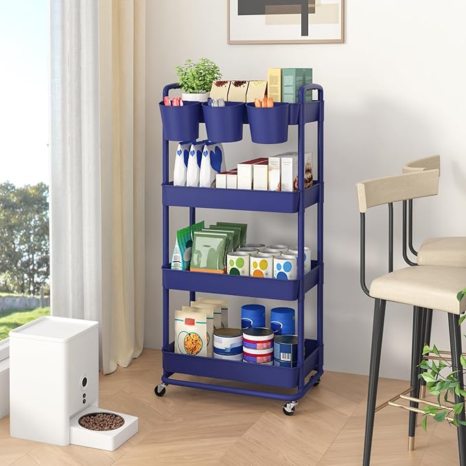 JIUYOTREE 4-Tier Plastic Rolling Storage Cart Utility Cart with Extra Hanging Cups Handles Lockable Wheels for Living Room Bathroom Kitchen Office Blue-NeatNest