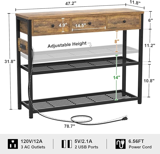 Ecoprsio 47'' Entryway Table with Outlets and USB Ports, Console Table with 3 Drawers, Sofa Table Narrow Long with Storage Shelves for Living Room, Couch, Hallway, Foyer, Kitchen Counter, Rustic Brown-NeatNest