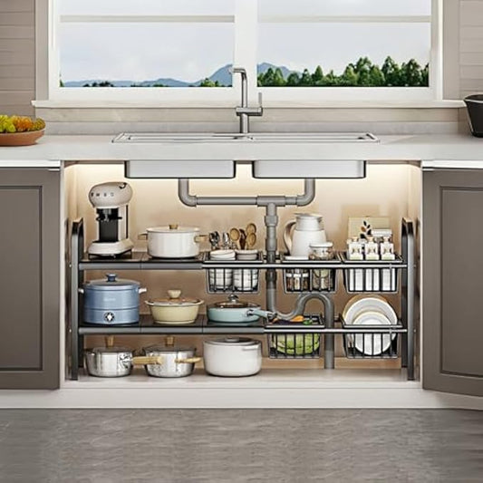 Under Sink Organizer，2 Tier Expandable Heavy Duty Metal Shelf，with 5 Removable Panels and 5 Storage Basket for Under Kitchen Bathroom Sink Organizers and Storage(Black, Large)