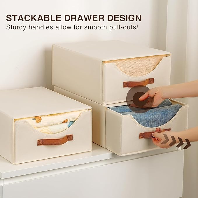 Closet Organizers and Storage - Large Stackable Storage Bins with Drawer, Fabric Bins for Organization, Collapsible Drawer Organizer Clothes for Bedroom, Living Room, 4 Pack, Beige-NeatNest