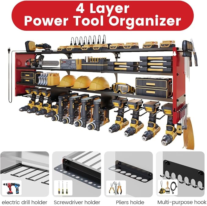 4 Layers Power Tool Organizer Wall Mount with Power Strip, Heavy Duty Metal Shelf, 400lbs Capacity for Cordless Drills, Batteries & Garage Storage (12 Slots with 8 Outlets Power Strip)