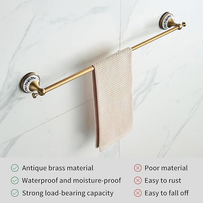 Antique Bronze Brass Towel Bar,Adjustable 15.5 to 27.5 Inch Bath Towel Bar Rack for Bathroom Towel Holder, Wall Mounted Bathroom Hardware Accessories,Porcelain Design