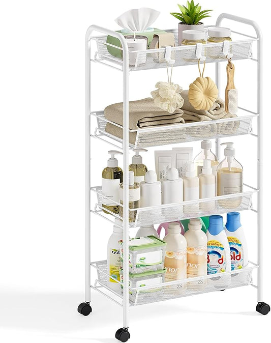 4-Tier Metal Utility Cart, Mesh Wire Rolling Cart on Wheel, Storage Trolley with Easy Assembly, Organizer Craft Cart 3 Hooks, Mobile Shelving Unit for Bathroom, Laundry Room, Home