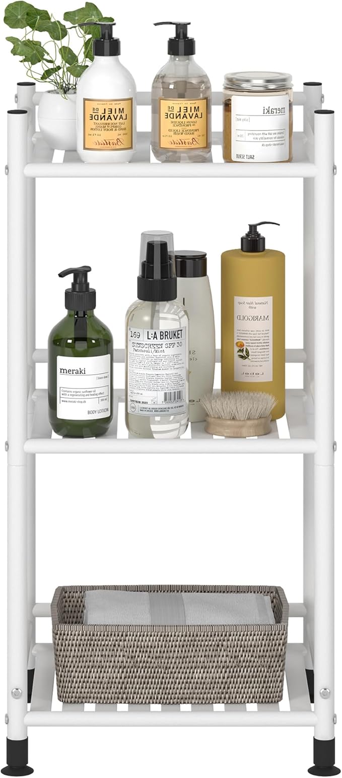 3 Tier Bathroom Storage Open Shelf Unit, Free-Standing Metal Corner Rack Shelving for Kitchen, Living Room, Hallway (Matte White, 3 Tier)-NeatNest