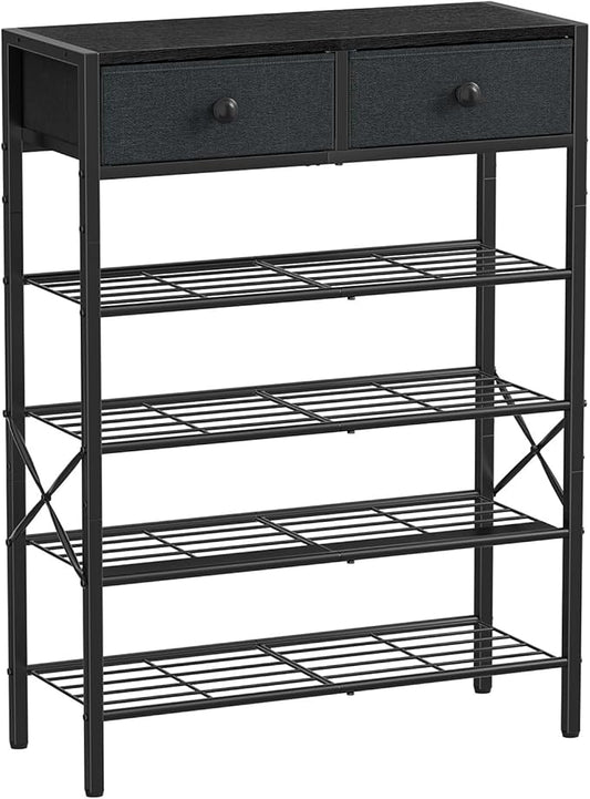 Shoe Rack for Entryway, 5 Tier Shoe Organizer with 2 Non-Woven Drawers, Metal Storage Shoe Shelf for 16-20 Pairs of Shoes, with Wooden Top and Steel Frame, Shoe Stand for Closet Black Grey-NeatNest