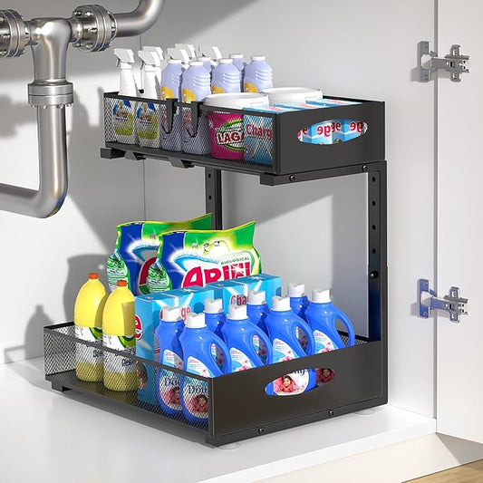 1 Pack Large Under Sink Organizer, 2 Tier Metal Pull Out Under Sink Storage with Sliding Mesh Drawers, Height Adjustable Slide Out Under Cabinet Organizer for Kitchen Bathroom, Black-NeatNest