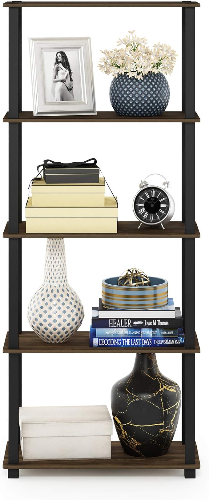 Furinno Turn-N-Tube 5-Tier Multipurpose Shelf / Display Rack / Storage Shelf / Bookshelf, Square Tubes, Columbia Walnut/Black-NeatNest