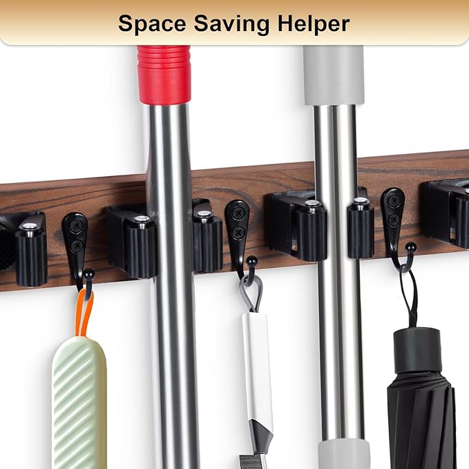 Broom Holder Wall Mount With 5 Slots & 4 Hooks，Rustic Wood Broom & Mop Hanger，Wall Mounted Garden & Garage Tool Storage Organizer Rack for Closet Laundry Room or Kitchen Wall Decor-NeatNest