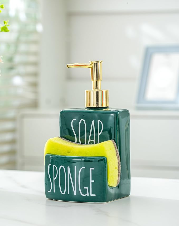 Ceramic soap Dispenser with Sponge Holder for Kitchen Sink Bathroom Counter top Storage and Organization (Green)-NeatNest