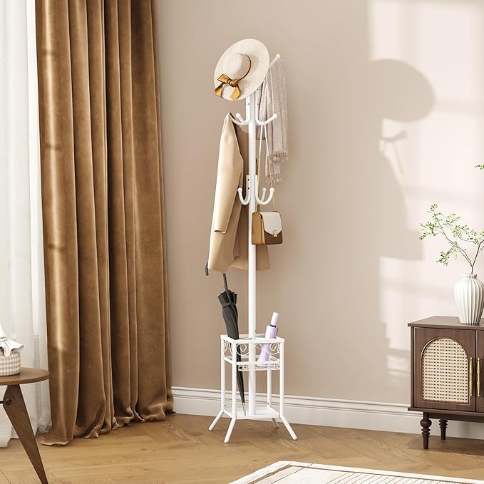 ELYKEN Coat Rack Freestanding with Umbrella Holder, Coat Tree with 12 Hooks, Coat Hanger Stand for Entryway, Metal Coat Rack Hat Rack Stand for Living Room Bedroom Office, White-NeatNest