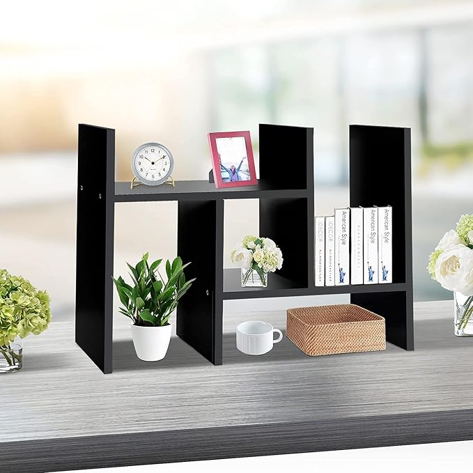 J.M.Deco Desktop Organizers and Storage for Office, Adjustable Desktop Organizer Shelf Double H Display, True Natural Stand Shelf, Black-NeatNest