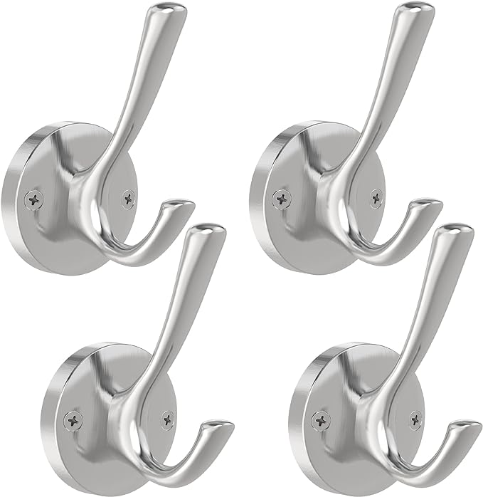 Brushed Nickel Wall Hooks, 4 Pack Heavy Duty Coat Towel Hook Metal Double Hook Wall Mounted Hanging, Bath Towel Hooks for Entryway Cubicle Bathroom Closet Garage-NeatNest
