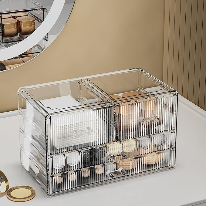 ZHIAI Stackable Storage Drawers, Acrylic Bathroom Counter Organizer Clear Makeup Organizers for Vanity, Kitchen Cabinets, Bathroom, Undersink, Home Organization and Storage (4 Drawers, Pattern D)-NeatNest