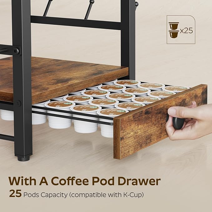 3-Tier Coffee Mug Holder with 12 Hooks, Coffee Bar Organizer, 25 Pods Capacity, Versatile Desktop Storage Rack, Space-Saving, for Kitchen, Living Room, Rustic Brown and Black MH01BR-NeatNest