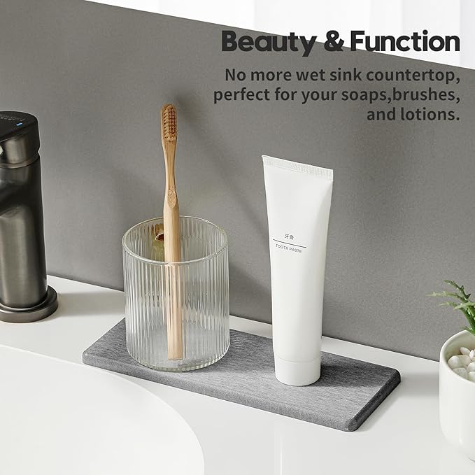2PCS Bathroom Counter Vanity Trays, Water Absorbing Diatomite Stone Quick Drying Mat for Kitchen Sink Counter, Dish Rack Soap Dispenser Sponge Holder Caddy Organizer, Light Gray, 9"x 3.5"-NeatNest