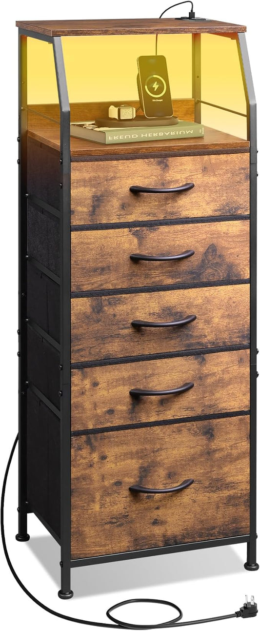 WLIVE LED Nightstand with Charging Station, Fabric Dresser with 5 Drawers for Bedroom, Tall Night Stand with Open Shelves, Bed Side Tables Living Room, Rustic Brown