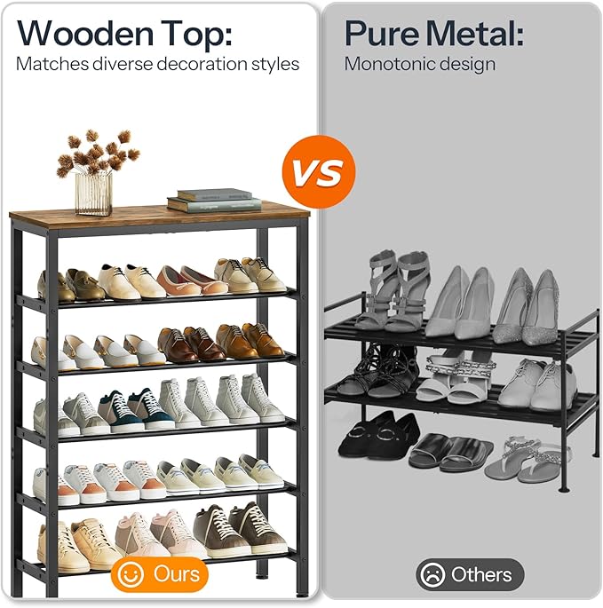 6 Tier Tall Shoe Rack, Large-Capacity Storage Organizer, Free Standing Shoe Shelf for Closet, Adjustable Metal Shoe Racks for 24 Pairs of Shoes, Rustic Brown and Black SS76BR-NeatNest