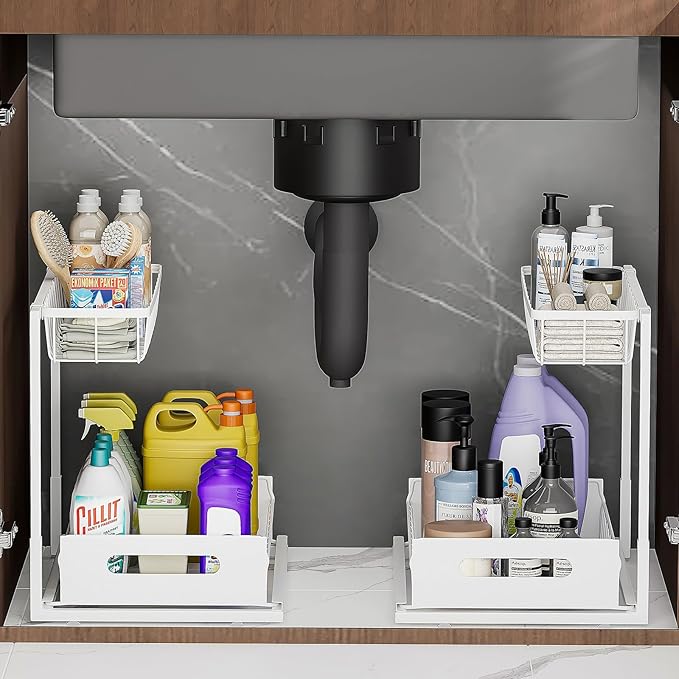 Under Sink Organizers and Storage 2 Tier Slide Out Kitchen Cabinet Organizer Sturdy Metal Bathroom Storage (White, 2 Pack)-NeatNest