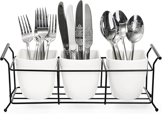 Bekith 3-Piece Ceramic Flatware Caddy with Metal Rack, Utensil Holder Silverware Caddy Cutlery Organizer, White-NeatNest