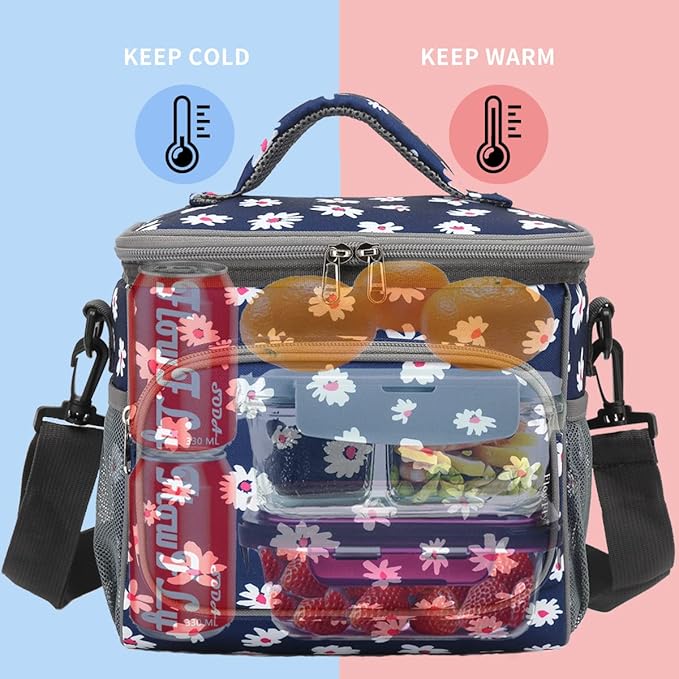 FlowFly Insulated Reusable Lunch Bag Adult Large Lunch Box for Women and Men with Adjustable Shoulder Strap,Front Zipper Pocket and Dual Large Mesh Side Pockets,Daisy-NeatNest