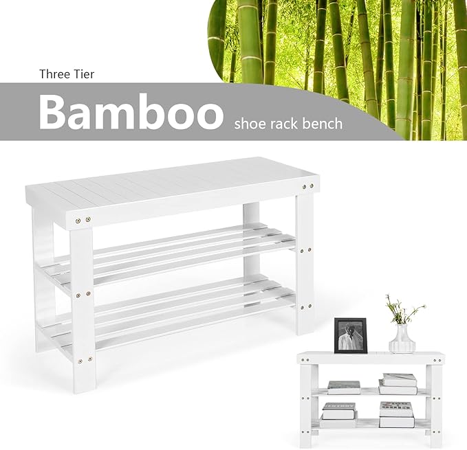 Giantex Entryway Shoe Bench, Bamboo Shoe Shelf Organizer Holds up to 6 Pairs, 3-Tier White Shoe Storage Rack Heels, Slippers for Entry, Living Room, Bathroom (White)