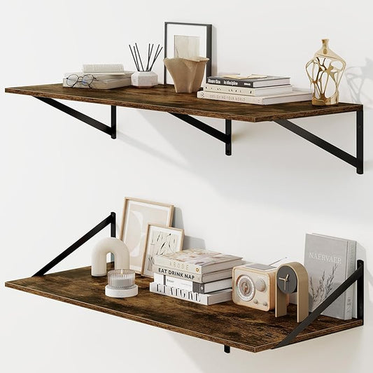 Fun Memories Floating Shelves for Wall, 12 Inch Deep Floating Shelves Set of 2, 36W x 12D Large Wall Shelf with Sturdy Metal Brackets for Living Room, Bathroom, Bedroom and Kitchen, Rustic Brown-NeatNest