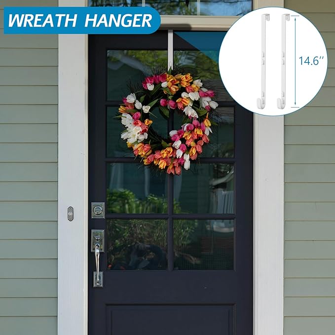 Over The Door Hooks Organizer, Over The Door Towel Rack with Mesh Basket, 10 Coat Hooks and 2 Wreath Hangers, Bathroom Door Organizer Back of Door Hanger for Bedroom, Kitchen(White)