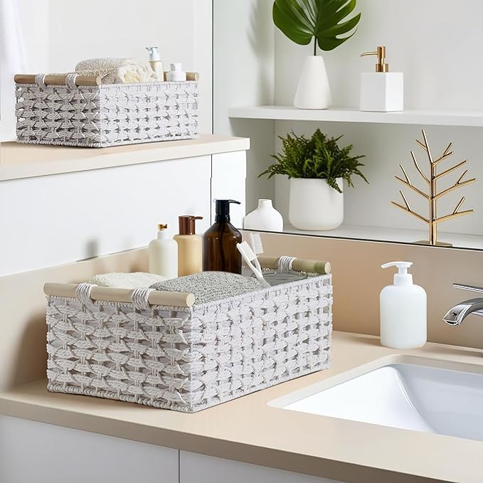 DECOMOMO White Wicker Baskets, Back of Toilet Basket, Bathroom Basket Organizer, Countertop, Home Decor (White, Set of 2)-NeatNest