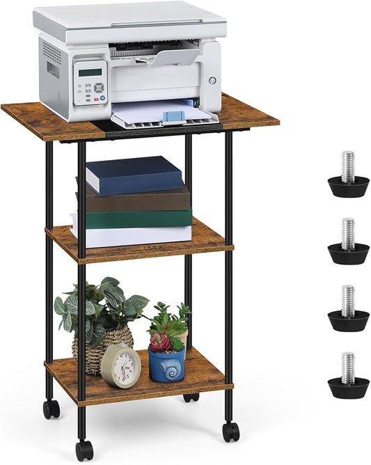 Shinoske Printer Stand with Storage,3 Tier Large Printer Table with Wheels for Home Office,Rolling Cart with Storage Shelf,for 3D Printer,Scanner Fax,Shredder,Rustic Brown-NeatNest