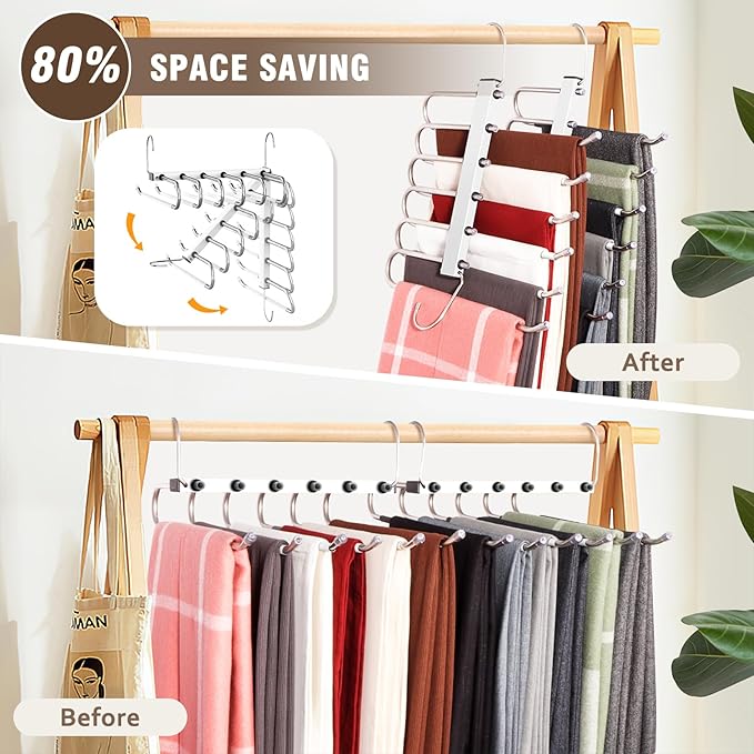 4 Pack 6-Tier Space Saving White Pant Hangers, Anti-Slip, Lightweight, Stainless Steel, Ideal for Closet Organization, Free Installation-NeatNest