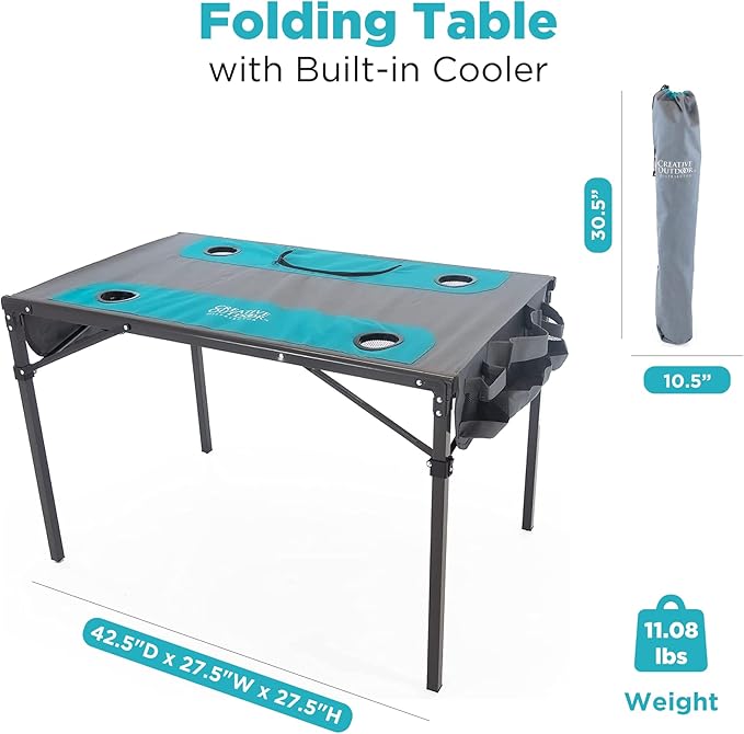 Creative Outdoors Folding Table with Built-in Cooler - Outdoor Portable Camping Table with 4 Cup Holders and Durable Steel Frame - Quality Material (Teal/Gray)-NeatNest