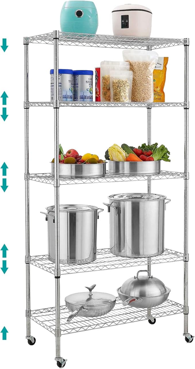 BNSPLY 5 Tier Wire Shelving Unit with Wheels, Height Adjustable Wire Shelves with NSF Certified, Mobile Metal Storage Rack Shelf Unit for Kitchen, Laundry, Garage (17.7" D x 35.5" W x 71" H, Chrome)-NeatNest