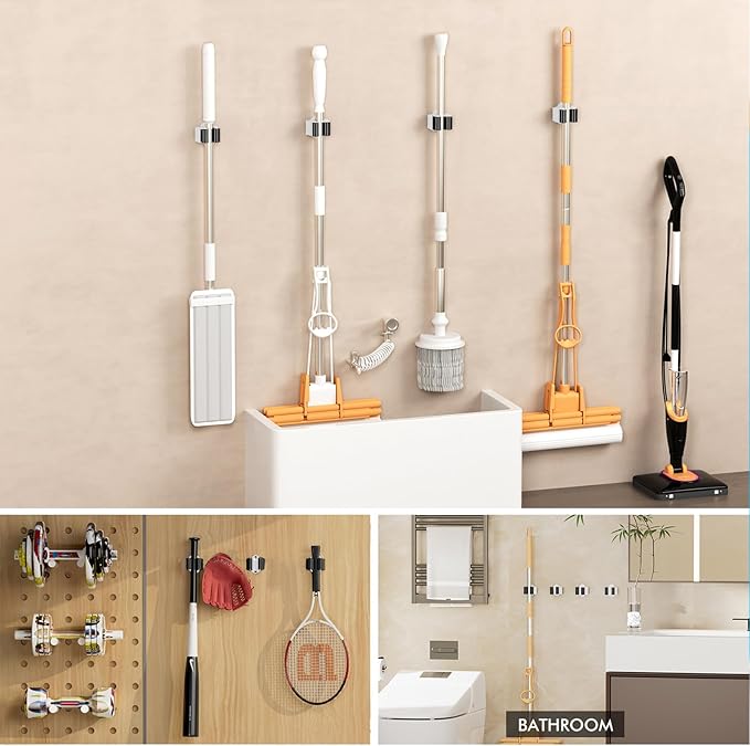 Adhesive Broom Holder Wall Mount - 9 Pack Mop Hanger Cleaning Tools Handle Grippers Organizers - Heavy Duty Metal Broom Clip Hooks for Laundry Room Utility Closet Garage Garden Bathroom (White)