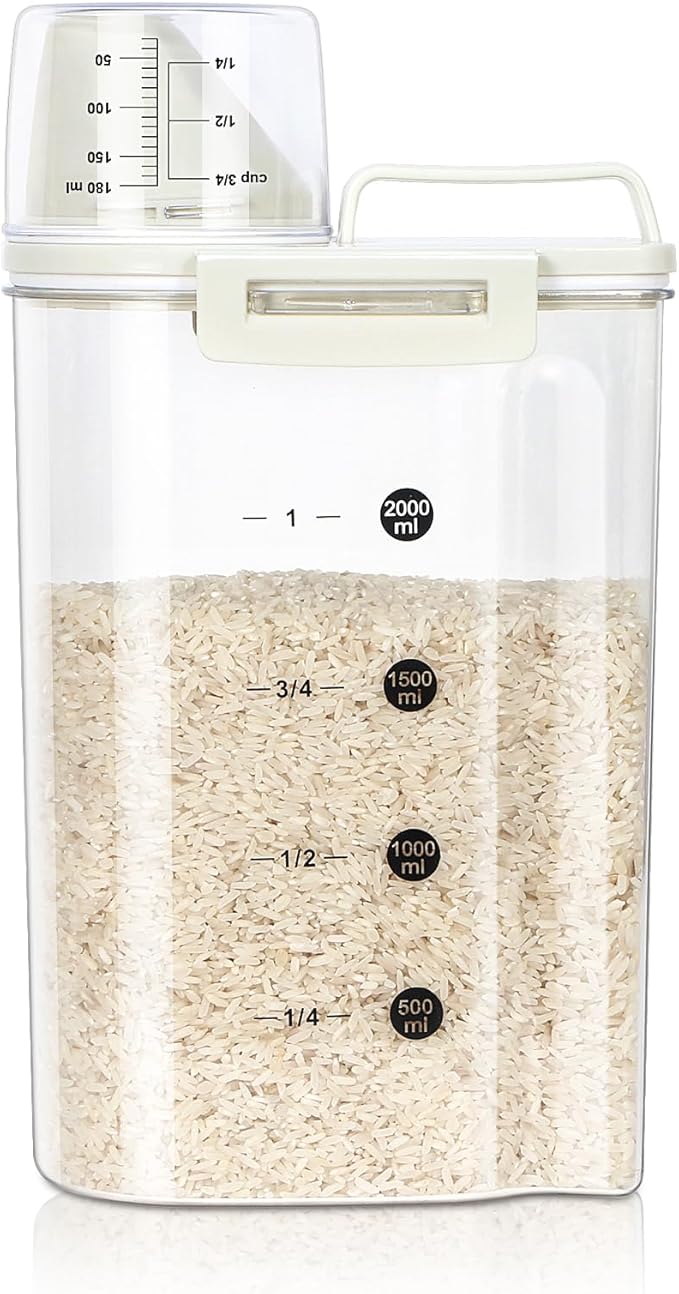 TBMax Rice Container, High Transparency PET Airtight Food Storage Container 2.64 Qt/4 Lbs, Kitchen Pantry Cereal Storage Container with Measuring Cup, Small Pet Cat Dog Food Container Dispenser -Beige-NeatNest