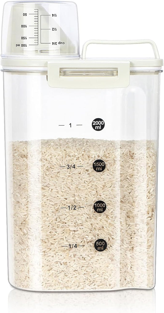 TBMax Rice Container, High Transparency PET Airtight Food Storage Container 2.64 Qt/4 Lbs, Kitchen Pantry Cereal Storage Container with Measuring Cup, Small Pet Cat Dog Food Container Dispenser -Beige-NeatNest