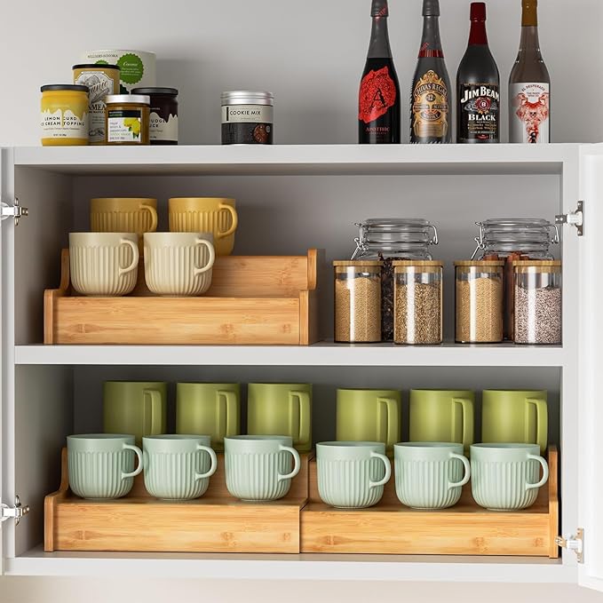 2-Tier Expandable Coffee Mug Holder, Mug Organizer for Kitchen Cabinets, Bamboo Mug Cup Rack, Multi-Functional Cup Holder Shelf, Coffee Bar Organizer, Home-NeatNest