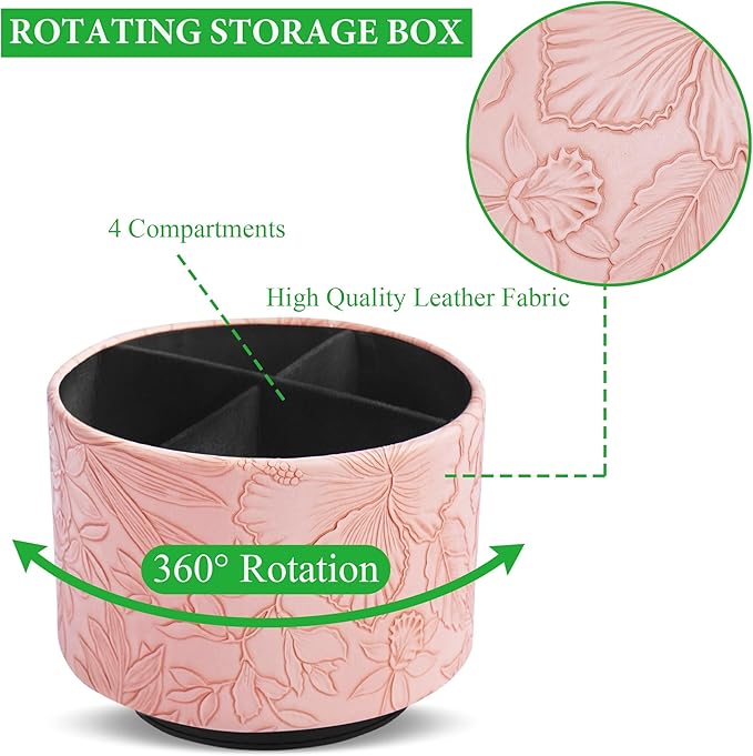 Hennaja Round Leather Art Supply Organizer,Remote Control Holder,360 Degree Spinning,Multi-Functional Pencil Holder,4 Compartments Desktop Stationary Organizer(1-Carved Pink)-NeatNest
