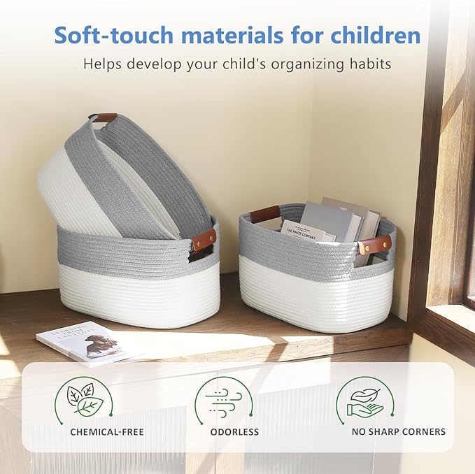 Cotton Rope Basket , Storage Baskets with Handle, 15x10x9 Inch Woven Basket for Shelves, Laundry, Towels, Clothes, Books, Toys (White/Grey 1Pack)-NeatNest