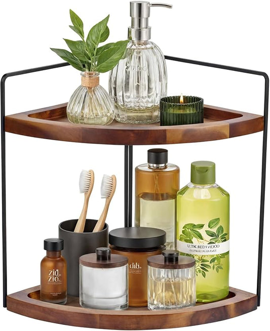 Bathroom Corner Counter Organizer 13.2x9.9 inch, 2 Tier Acacia Wood Organizer Countertop, Corner Storage Shelf Standing Rack, Cosmetic Vanity Tray Kitchen Spice Rack, Bathroom Storage Décor-NeatNest