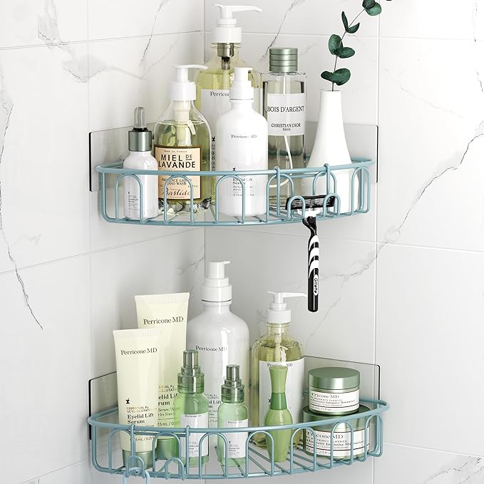 Orimade Corner Shower Caddy with 2 Hooks Wall Mounted Metal Bathroom Shelf Storage Organizer Adhesive No Drilling 2 Pack, Blue Only for 90-Degree Corner
