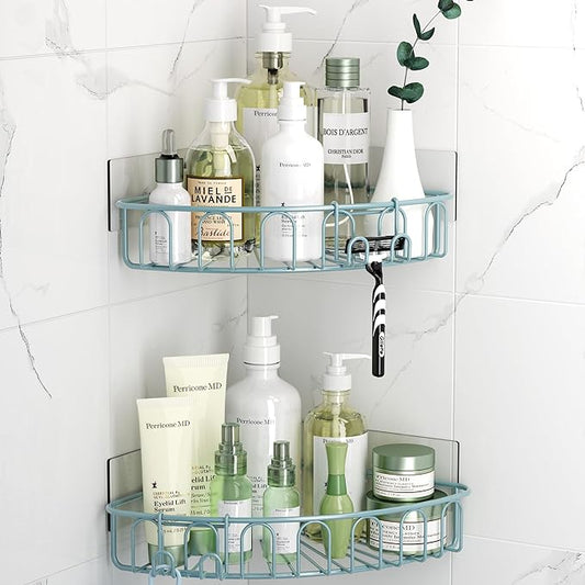 Orimade Corner Shower Caddy with 2 Hooks Wall Mounted Metal Bathroom Shelf Storage Organizer Adhesive No Drilling 2 Pack, Blue Only for 90-Degree Corner