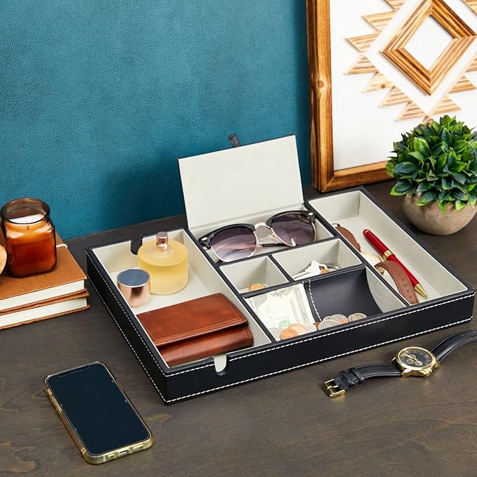 Juvale Leather Valet Catchall Tray for Men with 6 Compartments - Bedside Nightstand Organizer for Phones (Black) - Valet Tray-NeatNest