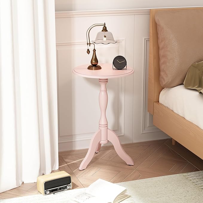 HLR Round Small End Table, Wooden Pedestal Side Coffee Tables, Vintage Accent Nightstand for Living Room, Bedroom, Entryway (2, Pink)