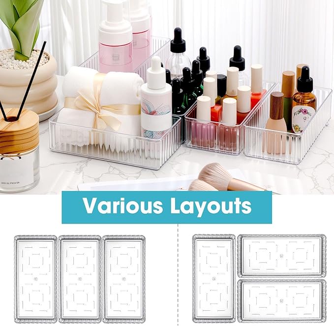 8 Pcs Clear Drawer Organizers Bins Stackable Makeup and Vanity Organizer Trays Clear Plastic Drawer Organizers Set for Office Desk Dividers (6.3 x 3.15 x 1.8 Inches)