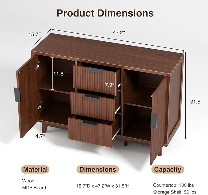 47.2" W Storage Cabinet with 3 Drawers, Fluted Buffet Cabinet with Storage, Large Sideboard with 2 Door, Modern Mid Century TV Stand Coffee Bar Cabinets for Living Room, Kitchen, Entryway